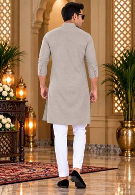 Men's grey textured cotton kurta with white pyjama set 2