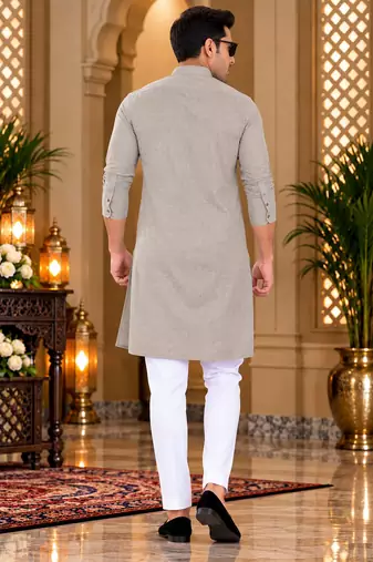 Men's grey textured cotton kurta with white pyjama set