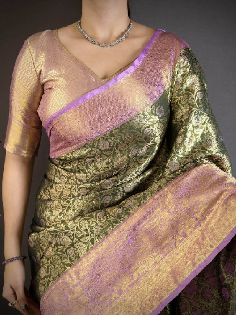 Floral zari silk blend kanjeevaram saree