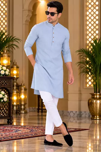 Men's light blue textured cotton kurta with white pyjama set