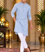Men's light blue textured cotton kurta with white pyjama set