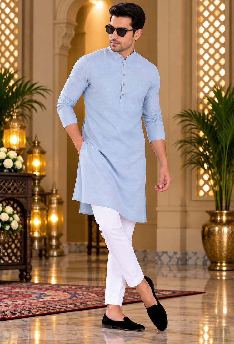 Men's light blue textured cotton kurta with white pyjama set
