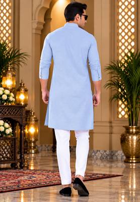Men's light blue textured cotton kurta with white pyjama set 2