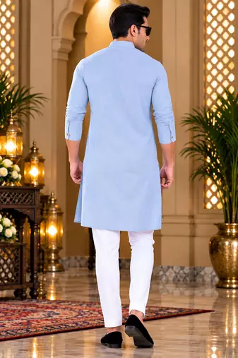 Men's light blue textured cotton kurta with white pyjama set