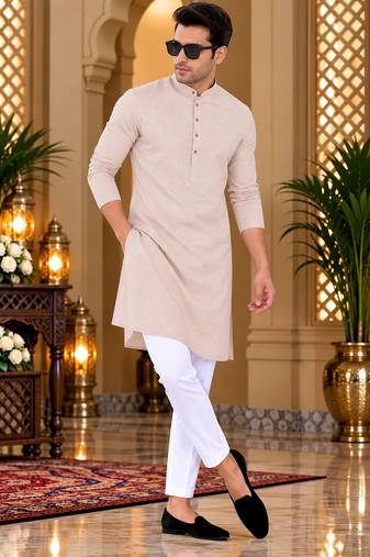 Men's cream cotton kurta with white pyjama set