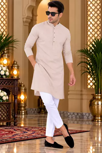 Men's cream cotton kurta with white pyjama set