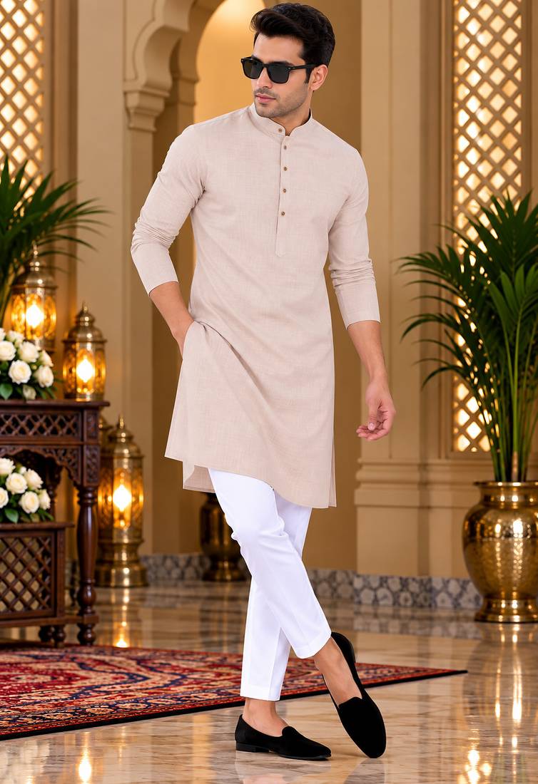 Men's cream cotton kurta with white pyjama set