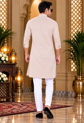 Men's cream cotton kurta with white pyjama set 2