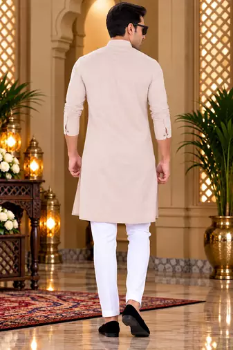 Men's cream cotton kurta with white pyjama set