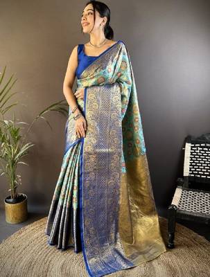 Woven design kanjeevaram sarees with unstitched blouse piece 1