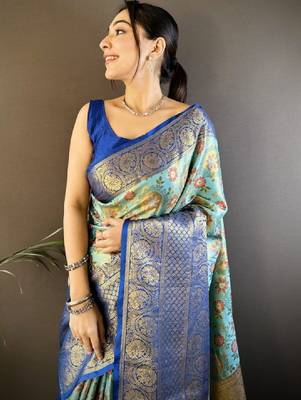 Woven design kanjeevaram sarees with unstitched blouse piece 2