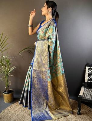 Woven design kanjeevaram sarees with unstitched blouse piece 3