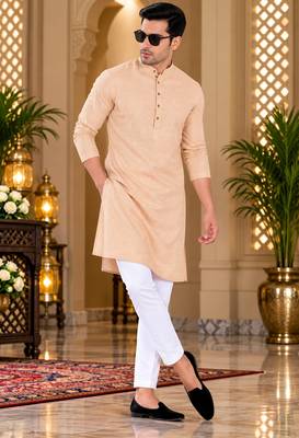 Men's peach textured cotton kurta with white pyjama set 1