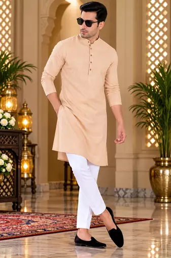 Men's peach textured cotton kurta with white pyjama set