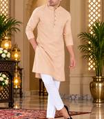 Men's peach textured cotton kurta with white pyjama set