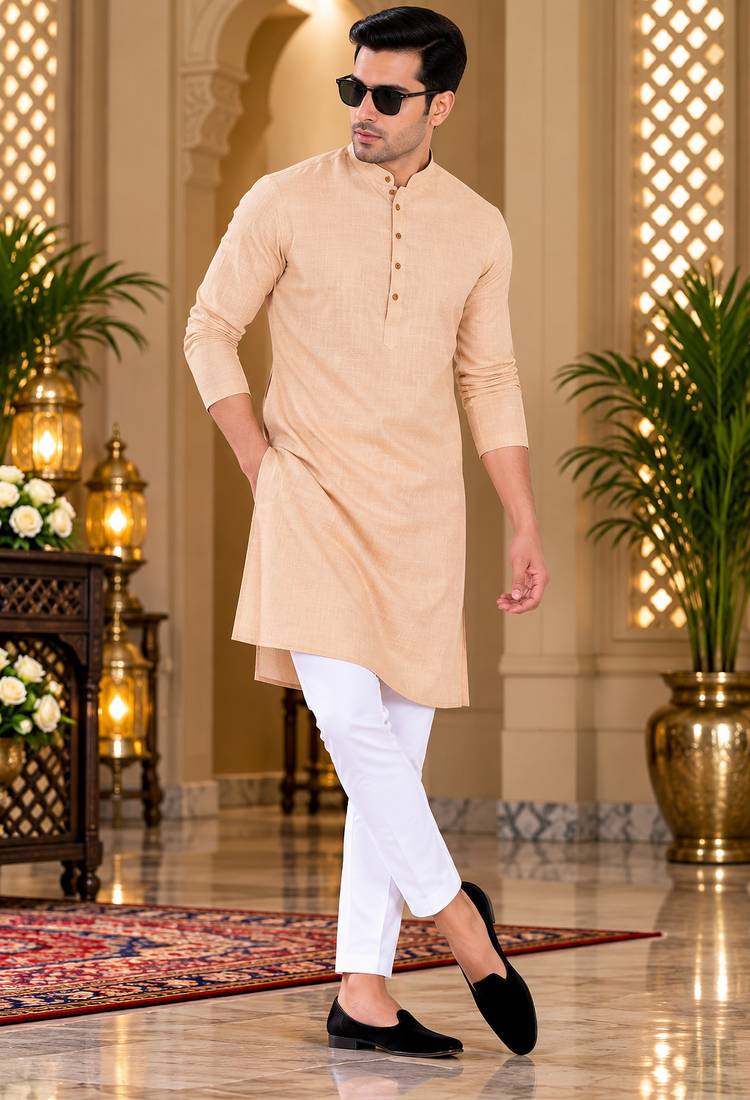 Men's peach textured cotton kurta with white pyjama set
