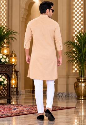 Men's peach textured cotton kurta with white pyjama set 2