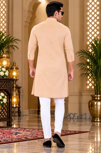 Men's peach textured cotton kurta with white pyjama set