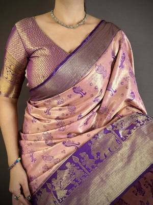 Woven design kanjeevaram sarees with unstitched blouse piece 3