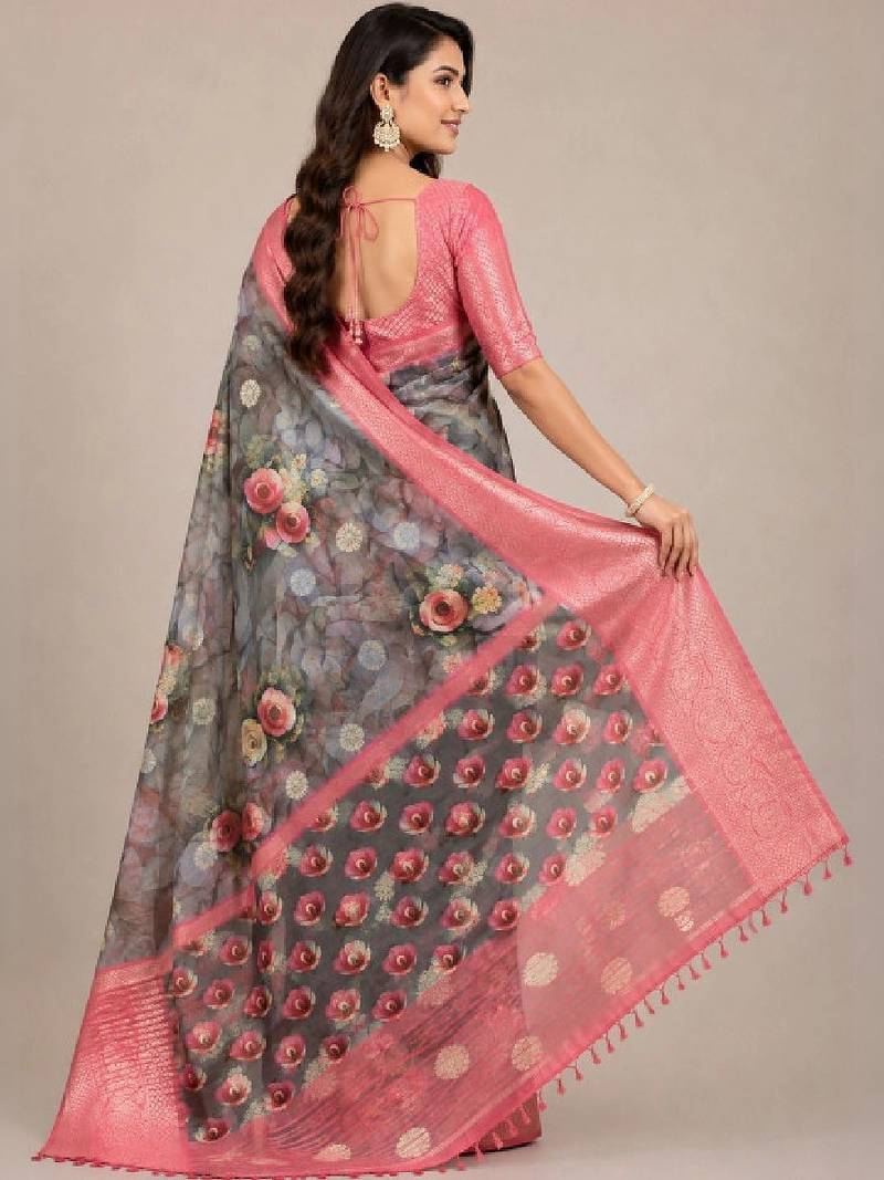 Floral zari silk blend kanjeevaram saree
