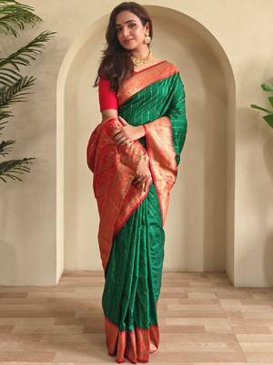 Green paithani silk zari weaving contrast blouse piece & sarees 1