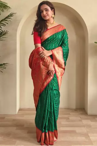 Green paithani silk zari weaving contrast blouse piece & sarees