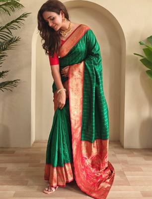 Green paithani silk zari weaving contrast blouse piece & sarees 2