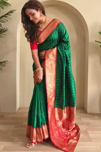 Green paithani silk zari weaving contrast blouse piece & sarees