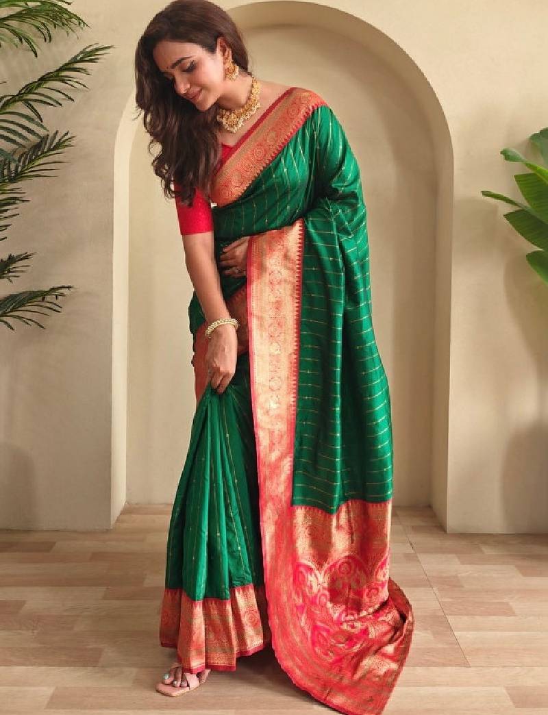 Green paithani silk zari weaving contrast blouse piece & sarees