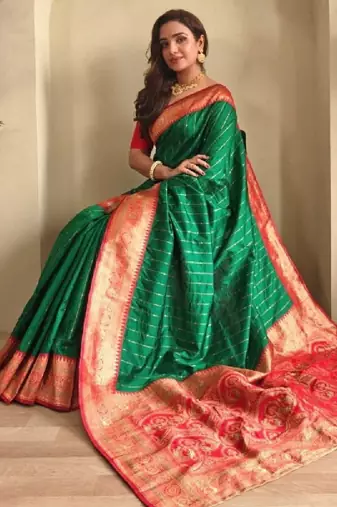Green paithani silk zari weaving contrast blouse piece & sarees