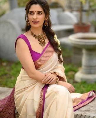 Women's kanjeevaram soft lichi silk unstitched blouse piece sarees 1