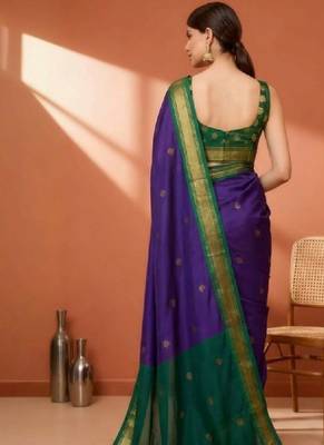 Ethnic motifs woven design zari pure cotton kanjeevaram saree 2