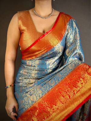 Woven design zari silk blend designer kanjeevaram saree 4