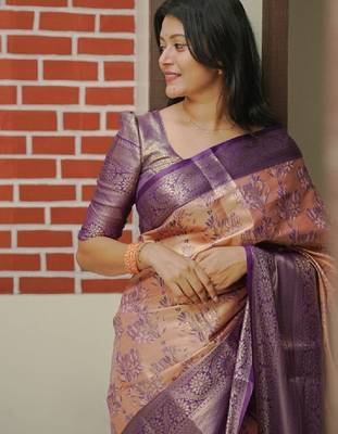 Floral zari silk blend handloom kanjeevaram saree 2