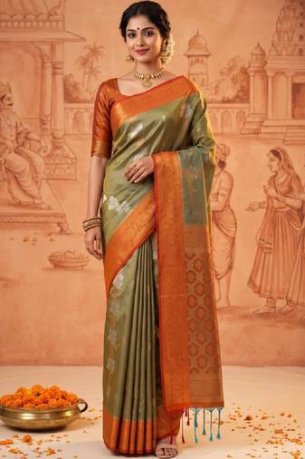 Woven design zari art silk kanjeevaram saree with blouse