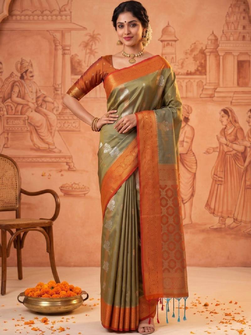 Woven design zari art silk kanjeevaram saree with blouse