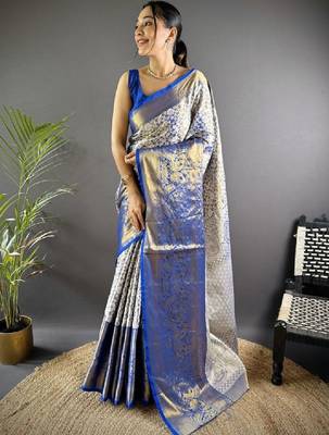 Woven design kanjeevaram sarees with unstitched blouse piece 1