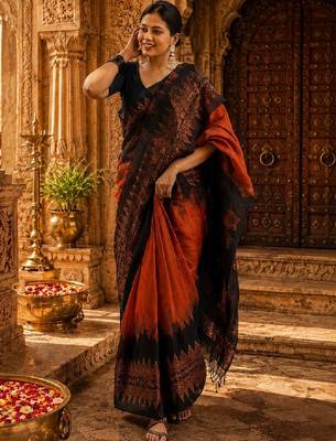 Woven design zari cotton silk kanjeevaram saree with blouse piece 1