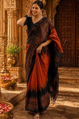 Woven design zari cotton silk kanjeevaram saree with blouse piece