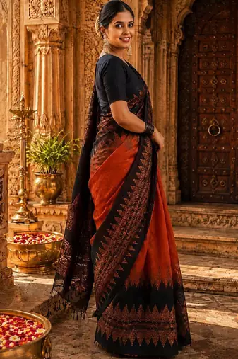 Woven design zari cotton silk kanjeevaram saree with blouse piece