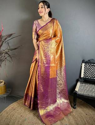 Ethnic motifs zari silk blend heavy work kanjeevaram saree 1