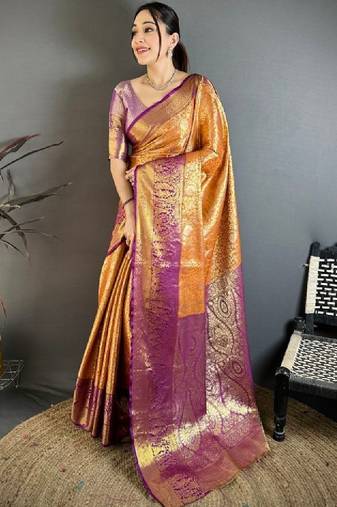 Ethnic motifs zari silk blend heavy work kanjeevaram saree