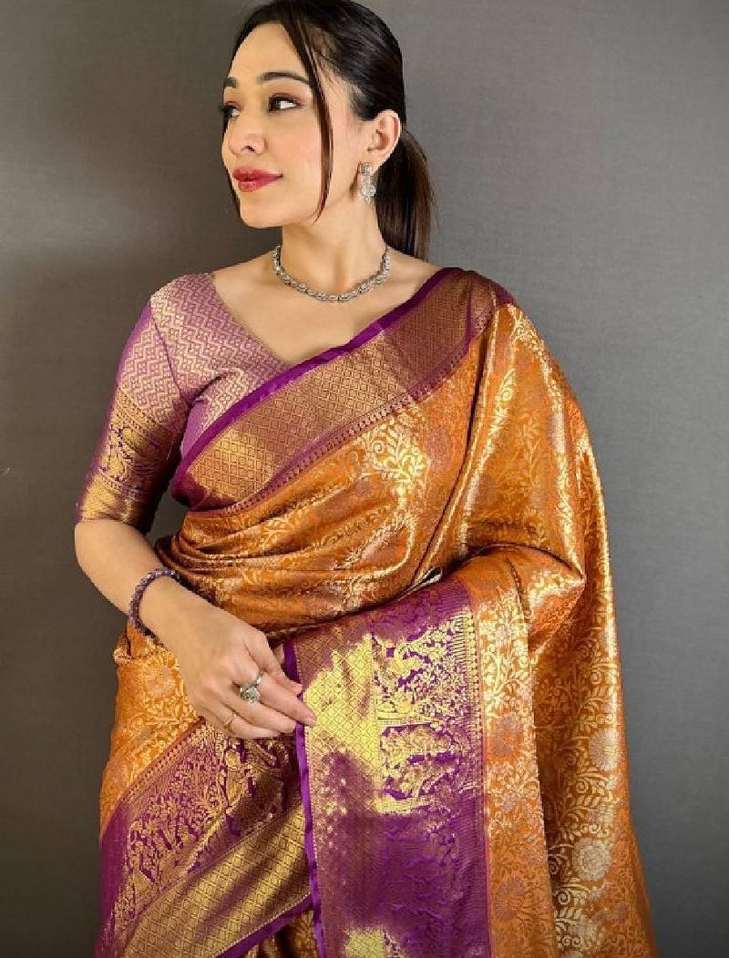 Ethnic motifs zari silk blend heavy work kanjeevaram saree