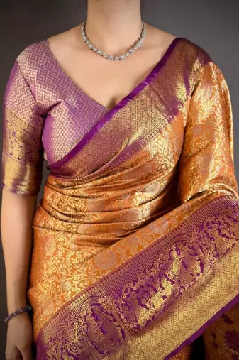 Ethnic motifs zari silk blend heavy work kanjeevaram saree