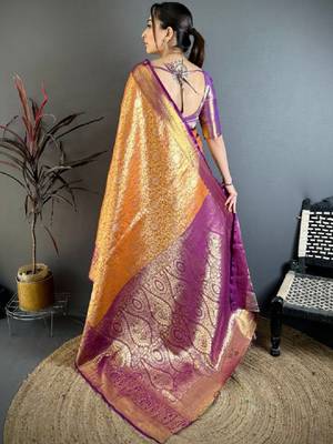Ethnic motifs zari silk blend heavy work kanjeevaram saree 4