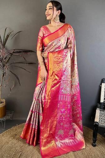Ethnic motifs zari silk blend designer kanjeevaram saree