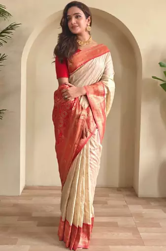 Woven design paithani silk zari weaving contrast blouse piece & sarees