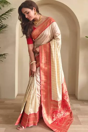 Woven design paithani silk zari weaving contrast blouse piece & sarees
