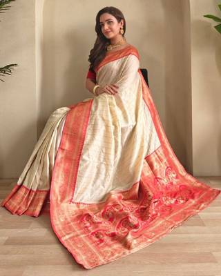 Woven design paithani silk zari weaving contrast blouse piece & sarees 3