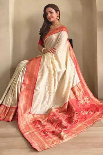 Woven design paithani silk zari weaving contrast blouse piece & sarees